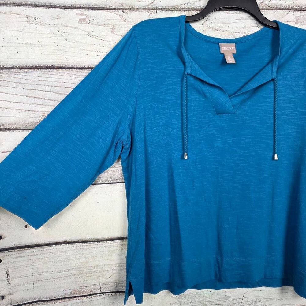 Chico’s Blue Hooded Pullover 3/4 Sleeve Top Size 3 - Picture 3 of 7